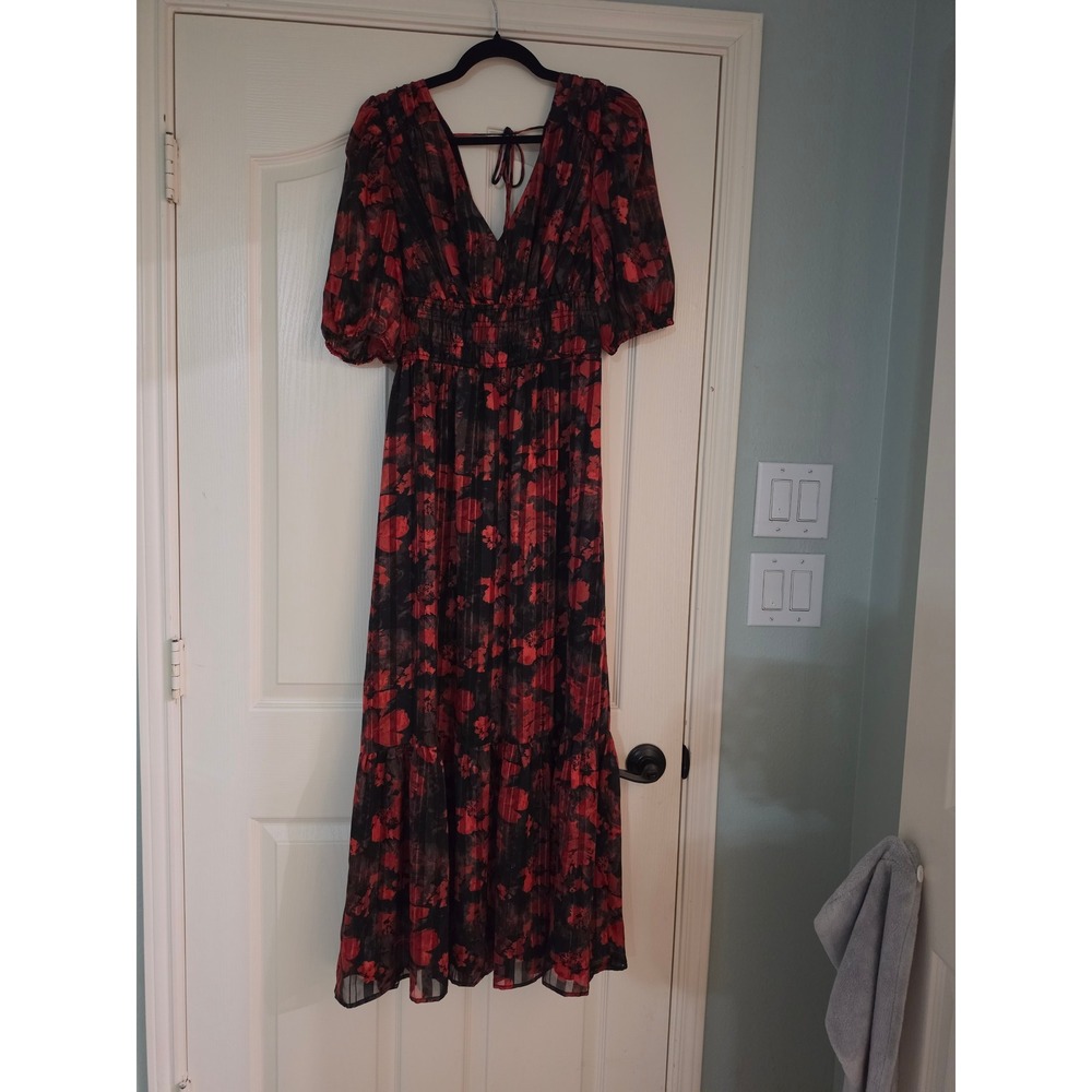 Elan Red Black Floral Metallic Stripe Smocked Maxi Dress NWT Small